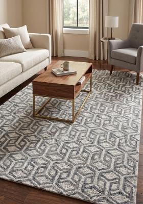 Saffron Rugs Hand Tufted Grey and Ivory Geometric Contemporary Rectangular Wool Area Rug
