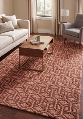 Saffron Rugs Hand Tufted Terracotta Pink Geometric Contemporary Rectangular Wool Area Rug