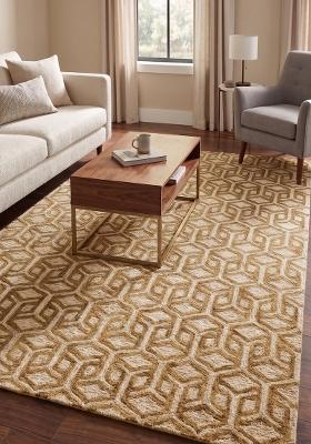 Saffron Rugs Hand Tufted Gold Beige Geometric Contemporary Rectangular Wool Area Rug