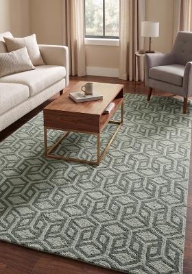 Saffron Rugs Hand Tufted Sage Green Geometric Contemporary Rectangular Wool Area Rug