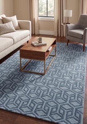 Saffron Rugs Hand Tufted Steel Blue Geometric Contemporary Rectangular Wool Area Rug