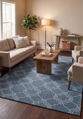 Saffron Rugs Hand Tufted Steel Blue Trellis Moroccan Rectangular Wool Area Rug