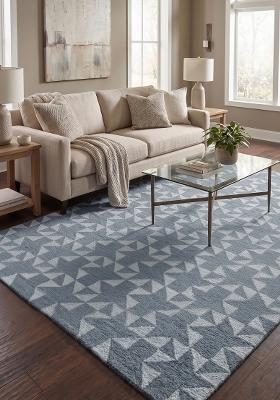 Saffron Rugs Hand Tufted Steel Blue Grey Geometric Contemporary Rectangular Wool Area Rug