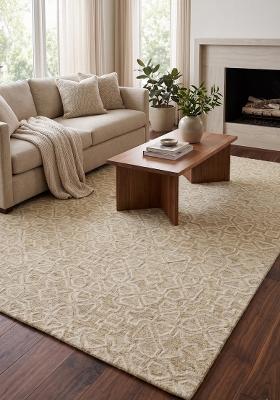 Saffron Rugs Hand Tufted Beige Gold Trellis Moroccan Rectangular Wool Area Rug
