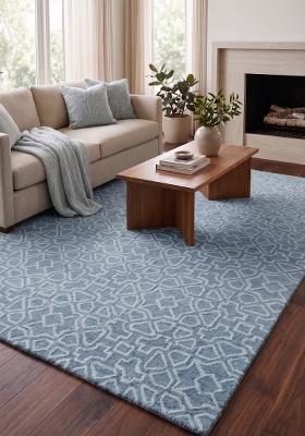 Saffron Rugs Hand Tufted Steel Blue Trellis Moroccan Rectangular Wool Area Rug