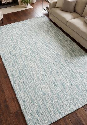 Saffron Rugs Hand Tufted Teal Blue Striped Contemporary Rectangular Wool Area Rug