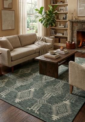 Saffron Rugs Hand Tufted Sage Green Geometric Bohemian Rectangular Wool Area Rug