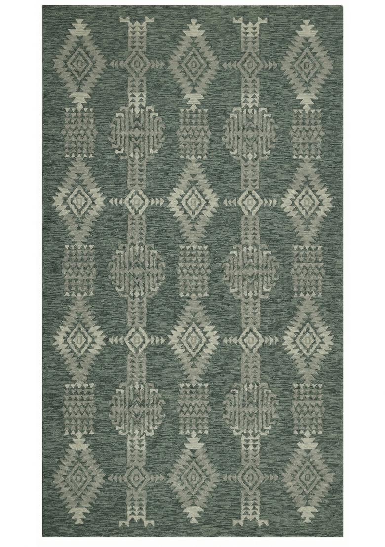 Saffron Rugs Hand Tufted Sage Green Geometric Bohemian Rectangular Wool Area Rug - Indya