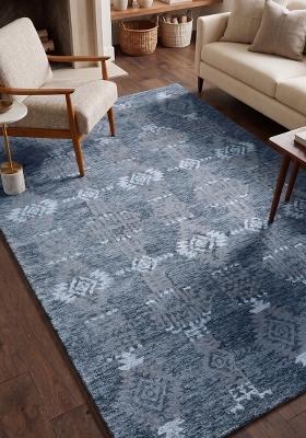 Saffron Rugs Hand Tufted Navy Blue Geometric Bohemian Rectangular Wool Area Rug