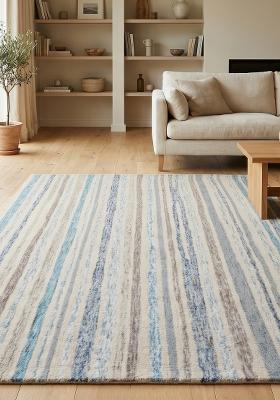 Saffron Rugs Hand Tufted Beige Blue Striped Striped Coastal Rectangular Wool Area Rug