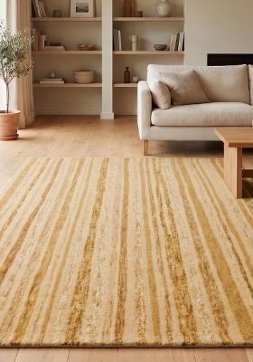 Saffron Rugs Hand Tufted Golden Tan Striped Coastal Rectangular Wool Area Rug