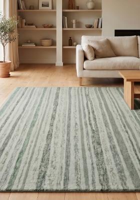 Saffron Rugs Hand Tufted Sage Green Striped Coastal Rectangular Wool Area Rug