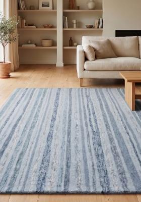 Saffron Rugs Hand Tufted Light Blue Striped Coastal Rectangular Wool Area Rug