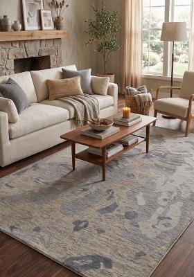 Saffron Rugs Hand Tufted Grey Blue Beige Swirls Contemporary Rectangular Wool Area Rug
