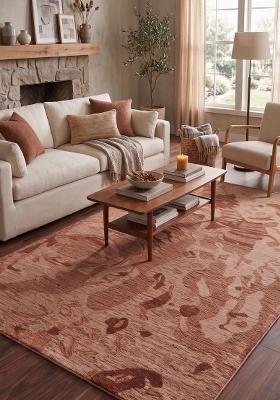 Saffron Rugs Hand Tufted Terracotta Pink Swirls Contemporary Rectangular Wool Area Rug