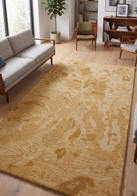 Saffron Rugs Hand Tufted Golden Beige Swirls Contemporary Rectangular Wool Area Rug