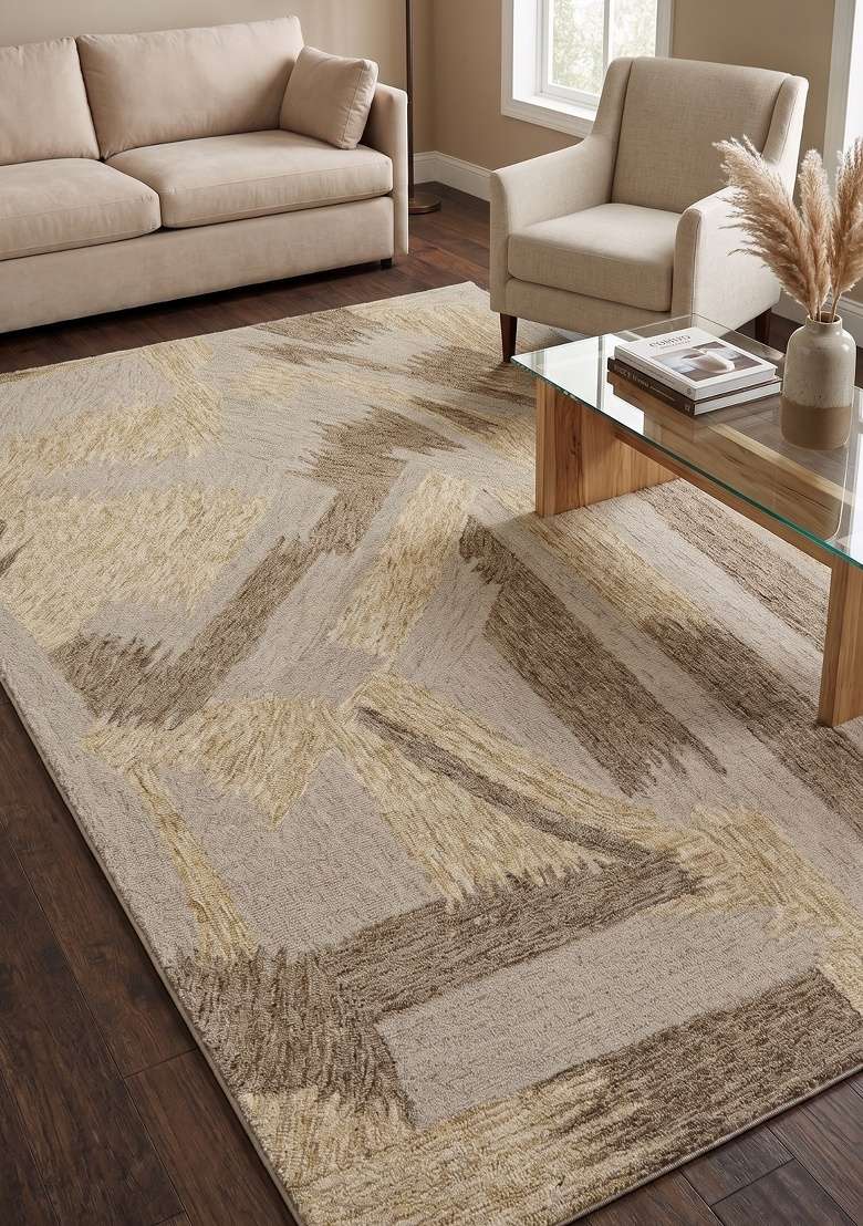 Saffron Rugs Hand-Tufted 100% Wool Area Rug | Beige Gold Brown Rectangular Rug | Cotton Backing | Contemporary Geometric Carpet for Living Room - Indya