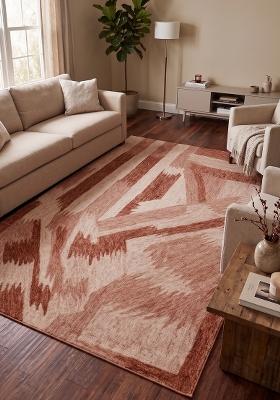Saffron Rugs Hand Tufted Terracotta Pink Geometric Contemporary Rectangular Wool Area Rug