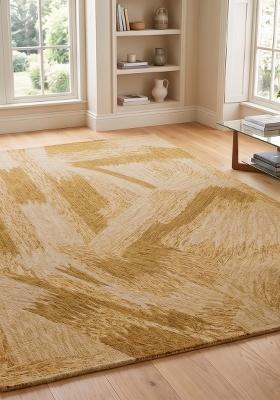 Saffron Rugs Hand Tufted Golden Beige Geometric Contemporary Rectangular Wool Area Rug