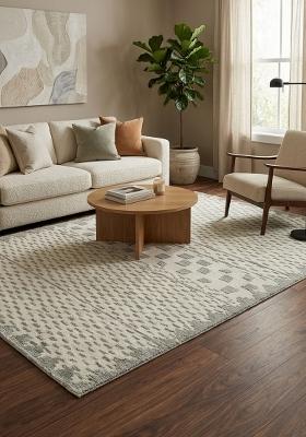 Saffron Rugs Hand Tufted Sage Green Grey Geometric Moroccan Rectangular Wool Area Rug