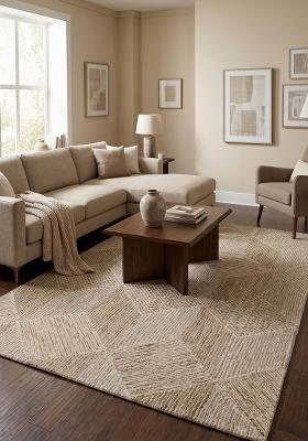 Saffron Rugs Hand Tufted Beige Tan Geometric Contemporary Rectangular Wool Area Rug