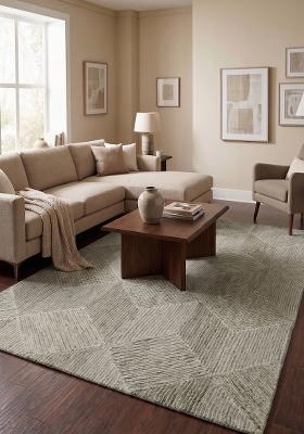 Saffron Rugs Hand Tufted Sage Green Geometric Contemporary Rectangular Wool Area Rug