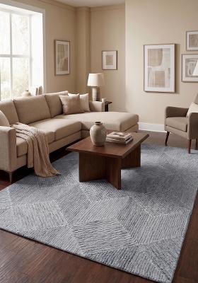 Saffron Rugs Hand Tufted Steel Blue Grey Geometric Contemporary Rectangular Wool Area Rug