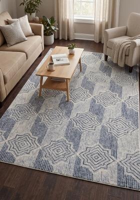 Saffron Rugs Hand Tufted Blue Ivory Geometric Transitional Rectangular Wool Area Rug