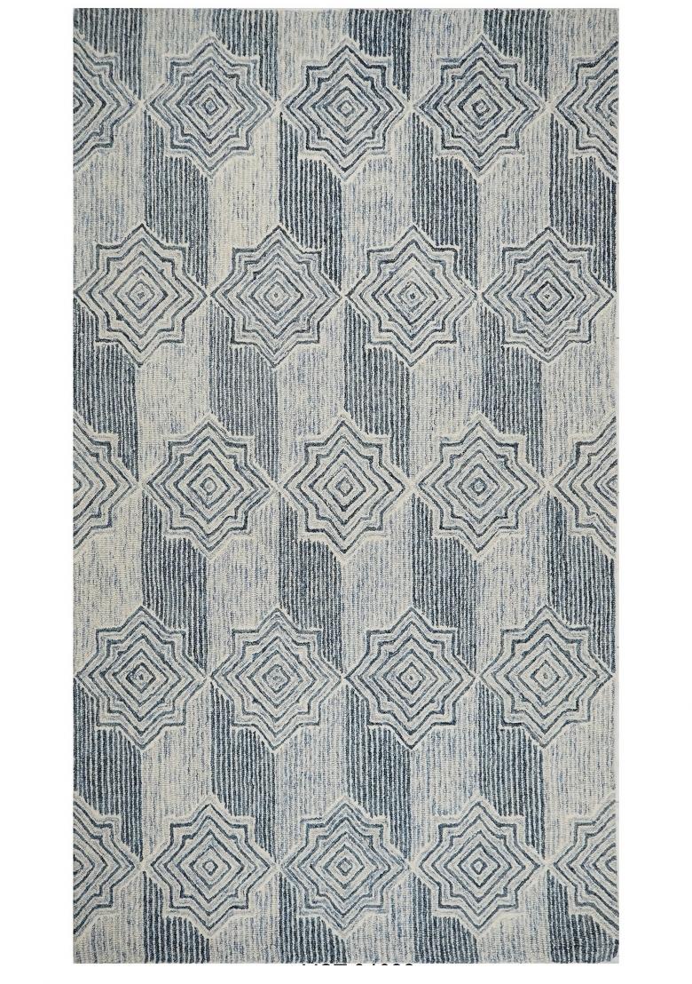 Saffron Rugs Hand Tufted Blue Ivory Geometric Transitional Rectangular Wool Area Rug - Indya