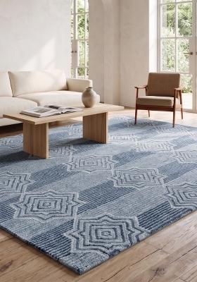 Saffron Rugs Hand Tufted Steel Blue Geometric Transitional Rectangular Wool Area Rug