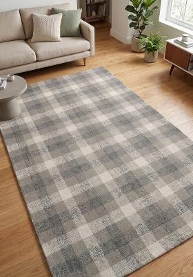 Saffron Rugs Hand Tufted Grey and Cream Plaid Farmhouse Rectangular Wool Area Rug