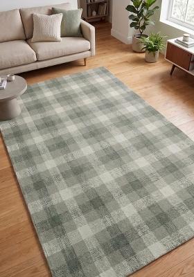 Saffron Rugs Hand Tufted Sage Green Plaid Farmhouse Rectangular Wool Area Rug