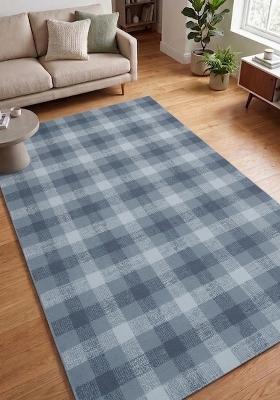 Saffron Rugs Hand Tufted Steel Blue Plaid Farmhouse Rectangular Wool Area Rug