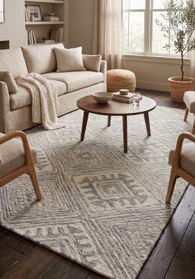 Saffron Rugs Hand Tufted Grey Ivory Geometric Bohemian Rectangular Wool Area Rug