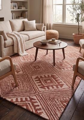 Saffron Rugs Hand Tufted Terracotta Pink Geometric Bohemian Rectangular Wool Area Rug