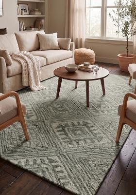 Saffron Rugs Hand Tufted Sage Green Geometric Bohemian Rectangular Wool Area Rug