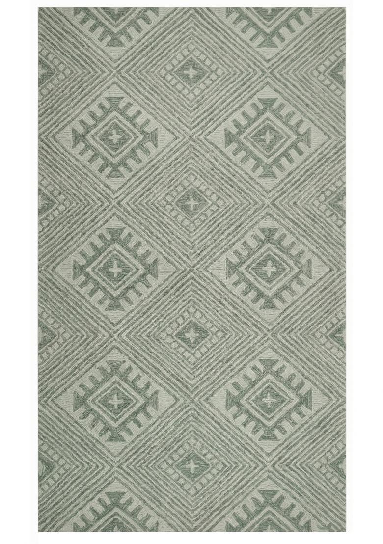 Saffron Rugs Hand Tufted Sage Green Geometric Bohemian Rectangular Wool Area Rug - Indya