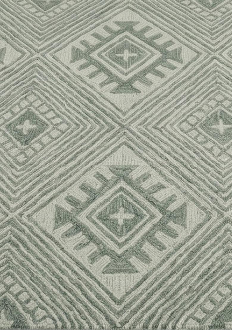 Saffron Rugs Hand Tufted Sage Green Geometric Bohemian Rectangular Wool Area Rug - Indya