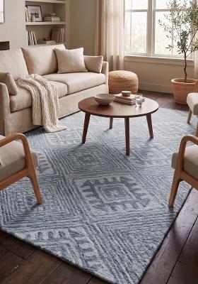 Saffron Rugs Hand Tufted Steel Blue Geometric Bohemian Rectangular Wool Area Rug