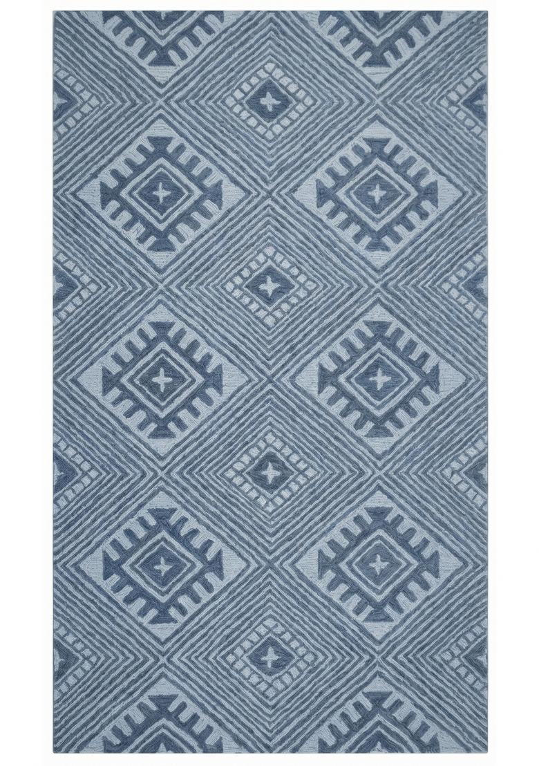 Saffron Rugs Hand Tufted Steel Blue Geometric Bohemian Rectangular Wool Area Rug - Indya