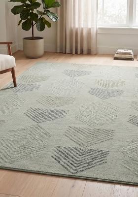 Saffron Rugs Hand Tufted Sage Green Geometric Contemporary Rectangular Wool Area Rug