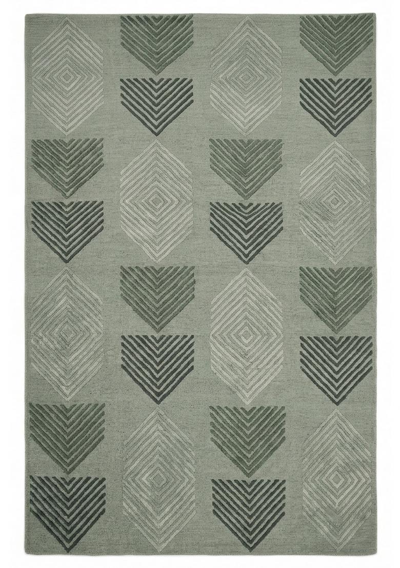 Saffron Rugs Hand Tufted Sage Green Geometric Contemporary Rectangular Wool Area Rug - Indya
