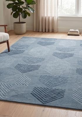 Saffron Rugs Hand Tufted Steel Blue Geometric Contemporary Rectangular Wool Area Rug