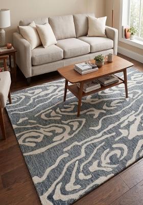 Saffron Rugs Hand Tufted Steel Blue Grey Swirls Contemporary Rectangular Wool Area Rug