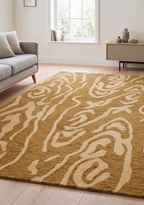 Saffron Rugs Hand Tufted Golden Ochre Swirls Contemporary Rectangular Wool Area Rug