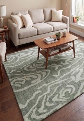 Saffron Rugs Hand Tufted Sage Green Swirls Contemporary Rectangular Wool Area Rug