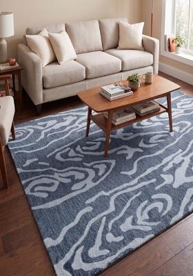 Saffron Rugs Hand Tufted Steel Blue Swirls Contemporary Rectangular Wool Area Rug