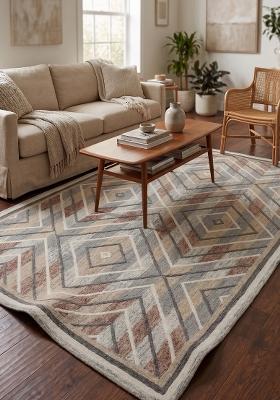 Saffron Rugs Hand Tufted Grey Beige Rust Geometric Bohemian Rectangular Wool Area Rug