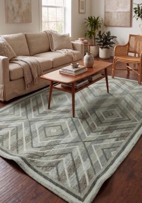 Saffron Rugs Hand Tufted Sage Green Grey Geometric Bohemian Rectangular Wool Area Rug