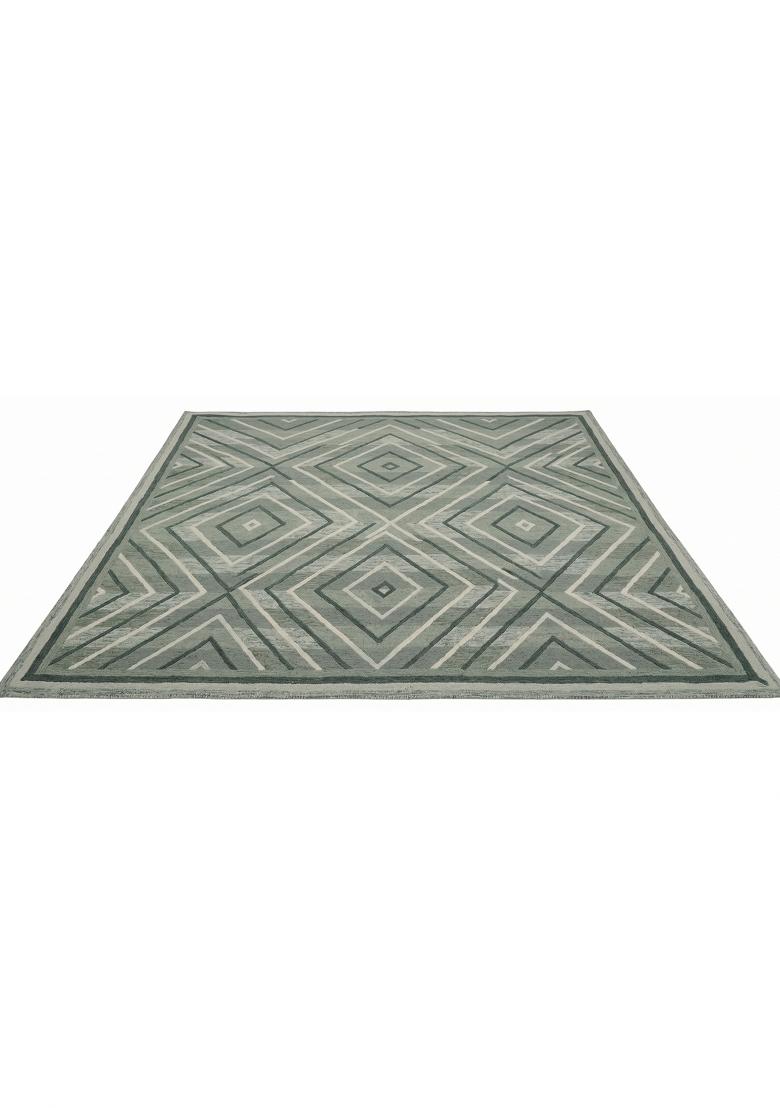 Saffron Rugs Hand Tufted Sage Green Grey Geometric Bohemian Rectangular Wool Area Rug - Indya